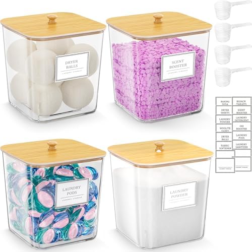 HomePekite Laundry Pods Storage Container, Clear Acrylic Laundry Room Organization and Storage ,Detergent Powder Container,with Wooden Lids & Labels, 4 Pack by Unknown