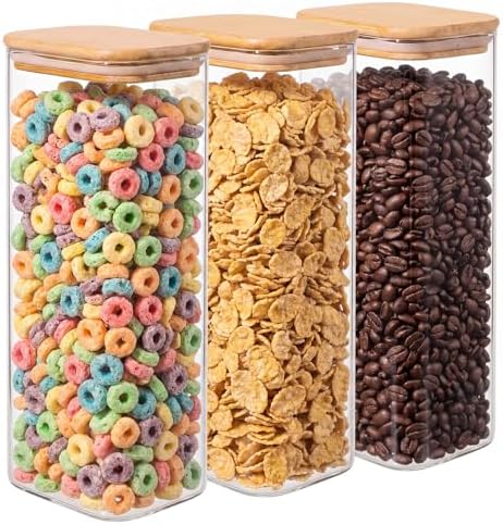 3-Pack 2Qt Rectangle Glass Storage Jars with Bamboo Lids by Unknown