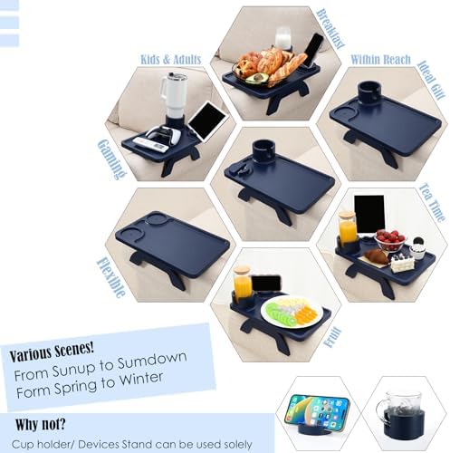 Nnewvante Couch Armrest Tray 3 in 1 Bamboo Clip-on Couch Table, Navy Blue, - Image 3