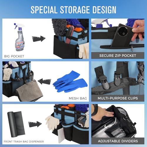 SCAVATA Wearable Cleaning Caddy, Cleaning Caddy Supplies Organizer with Handle & Shoulder Straps for Housekeepers, Under Sink & Car Cleaning Tool Organizers Bag with 4 Foldable Divider (Blue) - Image 2