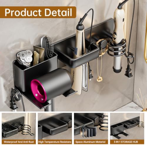 5 in 1 Hair Dryer Holder Hair Tool Organizer Metal Wall Mount (Black) - Image 4