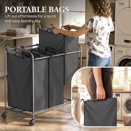 Simple Houseware Heavy Duty 3-Bag Laundry Sorter Rolling Cart, Dark Grey - Image 6