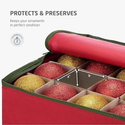 Christmas Ornament Storage Box 128 Capacity - Durable Tear-Proof Fabric Organizer with Adjustable Dividers & Dual Zipper for 3 Inch Christmas Ornament Storage, Red Large Ornament Storage Box - Image 7