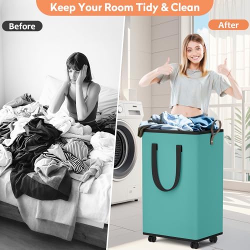 SpaceTrove Rolling Laundry Basket with Wheels, Laundry Hamper, 100L, Green - Image 5