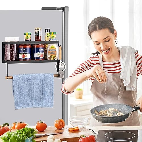 Magnetic Spice Rack for Refrigerator Magnetic Paper Towel Holder for Fridge Magnetic Shelf Magnetic Shelves 2 Hooks Fridge Magnet Organizer Spice Rack Seasoning Organizer Kitchen Storage - Image 3