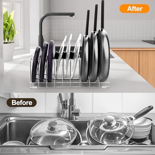 FLSEPAMB Pot Lid Organizer Pan Lid Organizer Kitchen Pot Lid Rack Suitable for Bakeware Dish Plate, Cutting Boards, Pots & Pans, Serving Trays, Reusable Holder (2 Pack) - Image 3