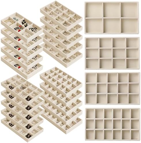 24 Pack Velvet Jewelry Trays Stackable Jewelry Organizer Trays Drawer Inserts Divided Storage Containers for Rings Earrings Jewelry Display (Beige) by Unknown