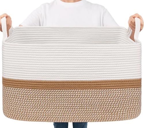 Goodpick Large Woven Rope Blanket Basket, Rectangle, White & Camel Mix by Goodpick
