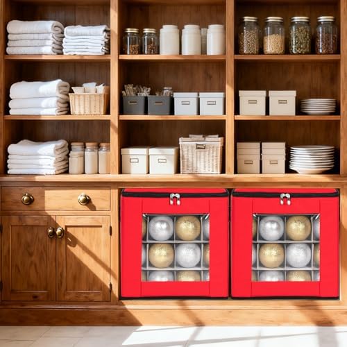 Christmas Visible Ornament Storage Box with Adjustable Dividers,Christmas Ornaments Organizer with Zipper, Storage Container Bin for Decorations(64 Ball, Red, without Tray) - Image 4