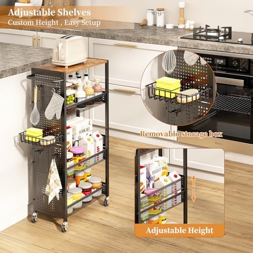 Slim Storage Rolling Cart: 4-Tier Narrow Metal & Wood Utility Cart with Wheels for Kitchen/Laundry/Bathroom(Black) - Image 6