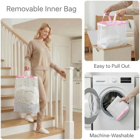efluky Slim Laundry Hamper with Lid and Removable Bag, 75L Pink - Image 4