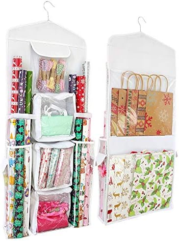 SumDirect Double-Sided Gift Wrap Organizer - White Hanging Wrapping Paper Gift Bag Storage Holder Pockets by SumDirect