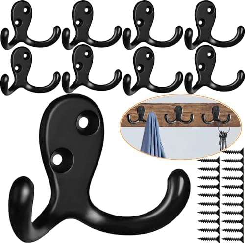 Coat Hooks Hardware, 10Pcs Wall Hooks Heavy Duty Hooks for Hanging Coats No Rust Double Robe Hook Wall Mounted for Key Towel Bags Cup Hat (Black) by ZEYU