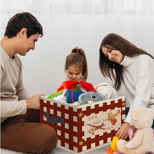 Airplane Nursery Foldable Storage Bins Box with Handles, Airplane Aviation Retro Red Gingham Collapsible Toys Books Clothes Organizer Basket for Kids Boy Nursery Room Bedroom Bathroom - Image 4