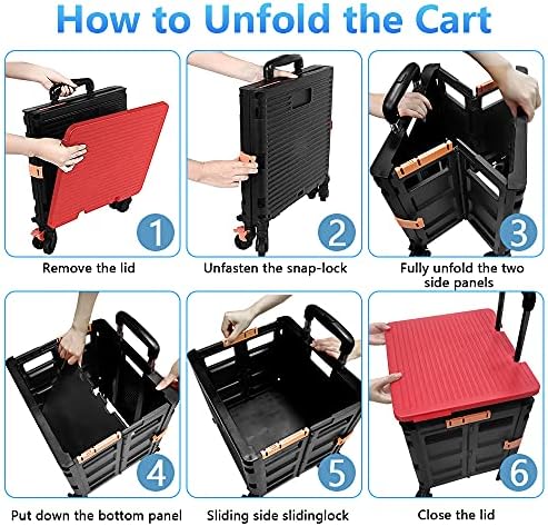 Quick Utility Cart Folding Portable Rolling Crate Handcart with Durable Heavy Duty Plastic Telescoping Handle Collapsible 4 Rotate Wheels for Travel Shopping Moving Luggage Office Use (Black&red lid) - Image 2