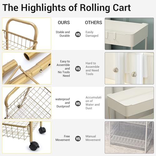 3 Tier Rolling Utility Cart, Storage Trolley Service Cart with Wheels Easy Assembly for Kitchen, Living Room, Office, Salon, Gold - Image 4