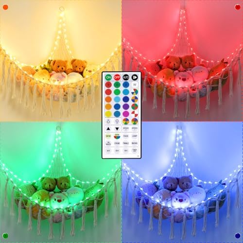 Stuffed Animal Hammock 75LEDs, 20 Colors Warm White 55in Extra Large Storage Macrame Hammock with Remote, USB Powered Hanging Plush Animal Net for Kids Bedroom Doll Room Corner Organizer(XL) - Image 2