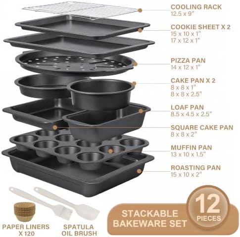 HONGBAKE Bakeware Sets, Baking Pans Set, 12 Pieces Nonstick Oven Pan with 120 Muffin Liners for Kitchen, Wider Grips, Including Rack, Cookie Sheet, Cake, Loaf, Muffin, Pizza Pan - Gray - Image 4
