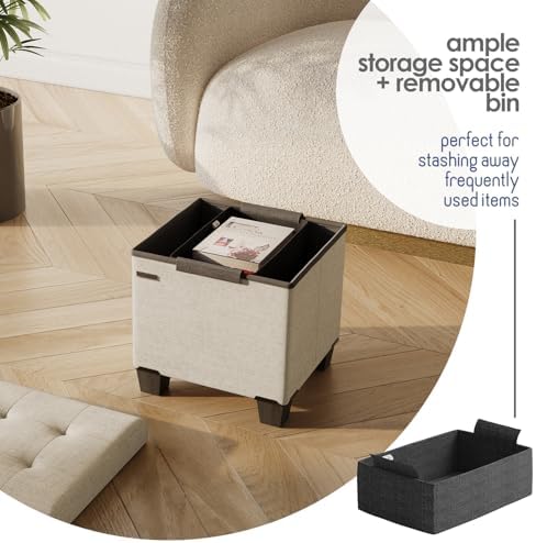 Storage Ottoman Cube with Small Bin, 15-in Square Ottoman with Storage for Living Room and Bedroom, Small Ottomans Foot Rest, Fabric Foot Stools Ottomans Max 330lbs, Beige - Image 3