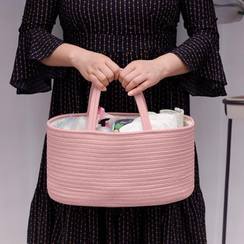 COMSE Large Cotton Rope Baby Diaper Caddy Organizer for Girls, Dusty Pink - Image 2