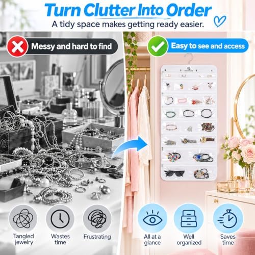 Freegrace Hanging Jewelry Organizer, 25 Zippered Pockets, 23 Necklace Hooks - Image 7