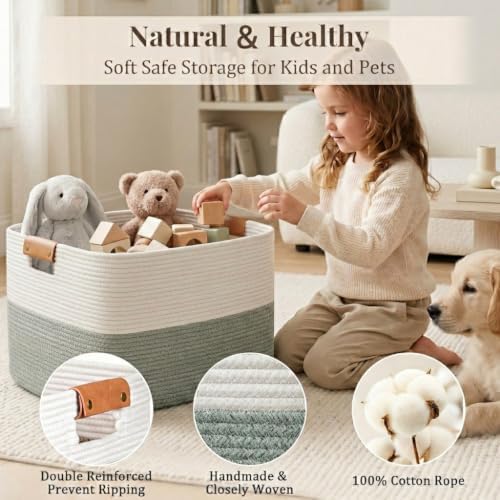 Danpinera 70L Large Woven Blanket Basket for Living Room White & Sage Green - Image 5