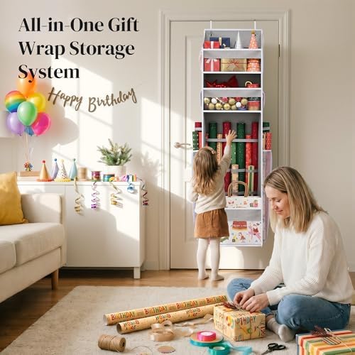 Ordovibe Wrapping Paper Storage Organizer – Over The Door Hanging Gift Wrap Holder for 15-30" Rolls, Space Saving Closet Organizer for Christmas, Halloween, Birthday with Side Mesh Pockets Gray - Image 6
