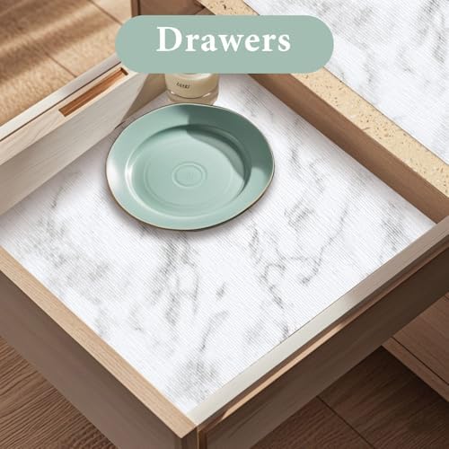 Drawer and Shelf Liner for Kitchen Cabinet: 12 in X 30 Ft Non Slip Waterproof Shelf Paper Non Adhesive Refrigerator Liners White Marble Easy Liners for Bathroom Cupboard with Knife Tape Measure - Image 3