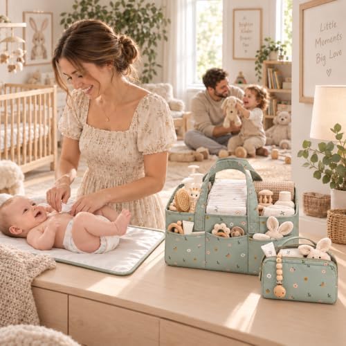 PeraBella Baby Diaper Caddy Organizer 3 Pcs Set, Floral Baby Basket Shower Gift, Nursery Organizer Basket for Newborn Boy Girl Essential Items, Changing Table Organizer Caddy for Baby Stuff, Car Caddy - Image 6