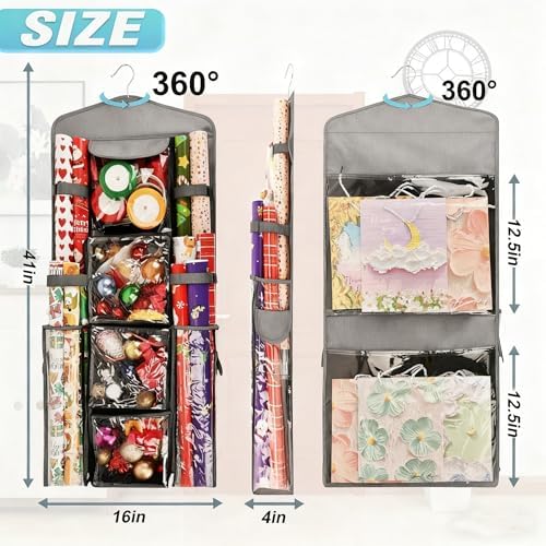 Hanging Wrapping Paper Storage Organizer, Double-Sided Gift Wrap Holder, 360° Rotating Gift Bag Storage Organizer for Your craft, Accessories, Gift Warp Supply, Wrap Ribbon and Stationery (Grey) - Image 2