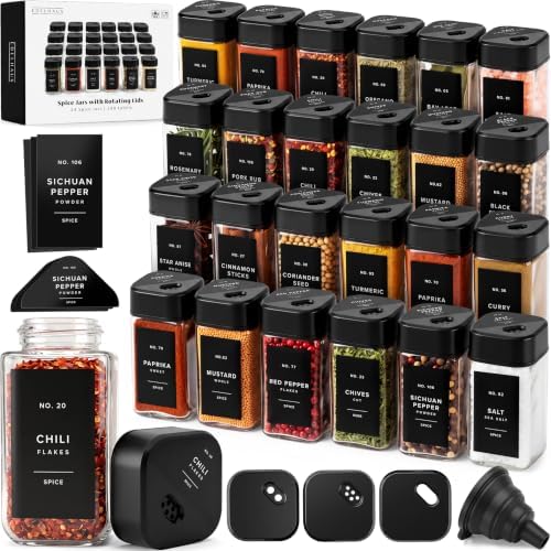 EDELHAUS Glass Square Spice Jars with Label, 24x Black Sprinkle Lids by EDELHAUS