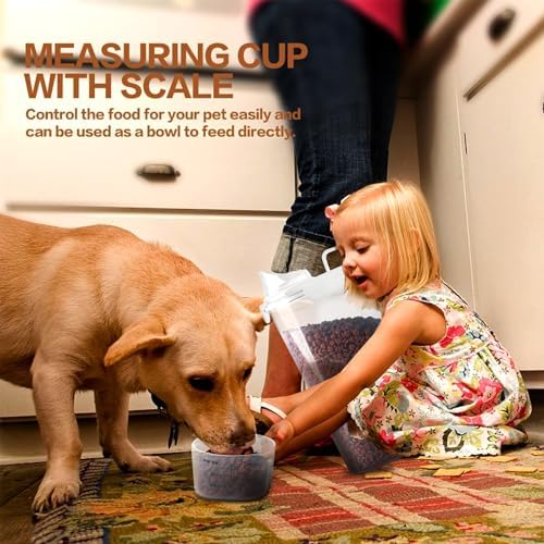 TIOVERY Dog Food Storage Container, 5-7 Lbs Airtight Pet Food Container, Cat food Container Dispenser with Portable Handle, Pouring Spout, Measuring Cup and a Collapsible bowl for Dogs Cats White/6Qt - Image 5