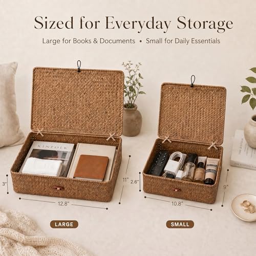 YANGQIHOME Set of 2 Seagrass Baskets with Lids, Rectangular Woven Storage Baskets, Natural Wicker Basket Boxes for Coffee Table, Shelf, Bathroom Counter & Closet Decor (Coffee, Set of 2) - Image 2