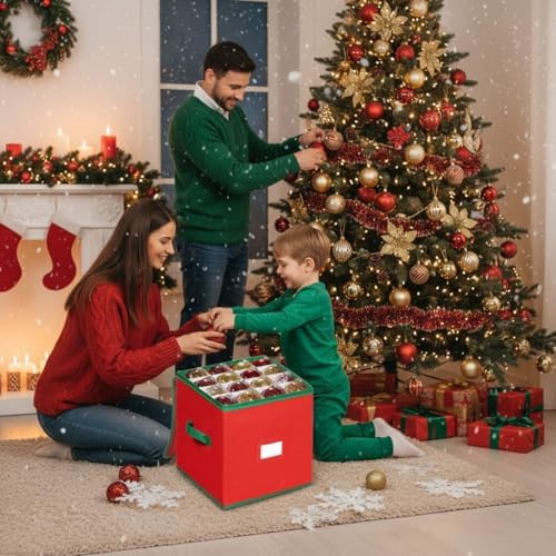 Christmas Ornament Organizer and Storage Box - Tear-Proof Non-Woven Container with 3-Inch Cube Compartments and Dual Zippers - Holds 64 Ornaments - Red - Image 6