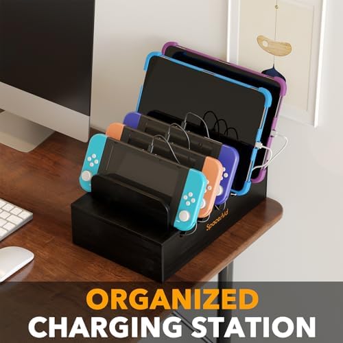 SpaceAid Bamboo Charging Station for Multiple Devices, Cell Phone Docking Stations for Multi Laptop, Tablets and iPads, Nightstand Bedside Desk Device Charger Organizer (Black) - Image 2
