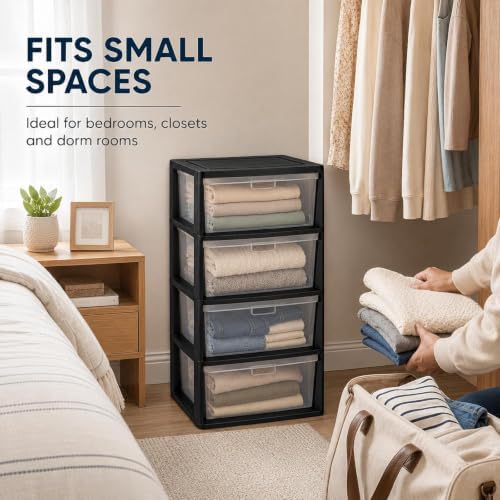 4 Drawer Storage Organizer, Wide Clear Plastic 4 Tier Drawer Unit (Black) - Image 4