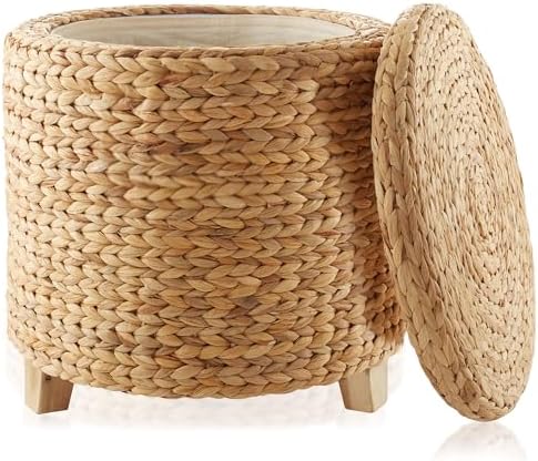 Casafield 17" Round Storage Ottoman with Lid - Natural, Handwoven Water Hyacinth Footstool for Living Room, Bedroom, Bathroom, Home Office by Casafield