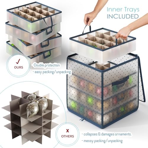Hearth & Harbor Christmas Ornament Storage Box With 4 Inner Tray Dividers - Plastic Ornament Storage Container For 64 Holiday Ornaments or Decorations - Image 3