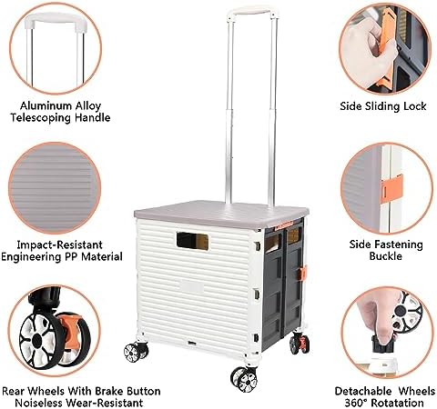 FELICON SELORSS Foldable Utility Cart Folding Portable Rolling Crate-White - Image 2