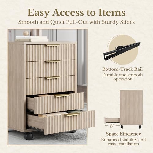 5 Drawer Chest, Under Desk Storage Wood Drawers with Wheels, Fluted File Cabinet for Home Office, Light Oak - Image 6