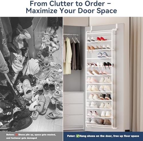 Whitmor 36 Pair Over The Door Shoe Organizer, 12 Tier Hanging Shoe Organizer with Metal Frame & Mesh Shelves, Hanging Shoe Rack for Closet Organizer & Storage, 21.7" W x 7.5" D x 74" L, Matt White - Image 6