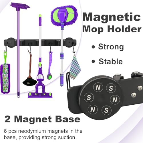 Magnetic Mop Broom Holder, Heavy Duty Magnetic Mop Hanger with Swivel Hooks for Cleaning Tools, Strong Magnet Mount Tool Hanger Organize System Utility Rack for Refrigerators Laundry Garage Kitchen - Image 3