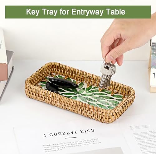 Key Tray for Entryway Table, Small Woven Rattan Tray Rectangular - Image 3