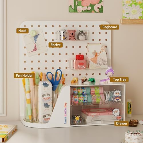 Comix Desk Organizer with 2 Drawer, Beige 360° Rotating Pen Holder for Desk - Image 3