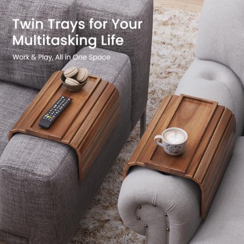 2 Pack Acacia Wood Folding Sofa Arm Tray with Anti-Slip Pad - Image 6