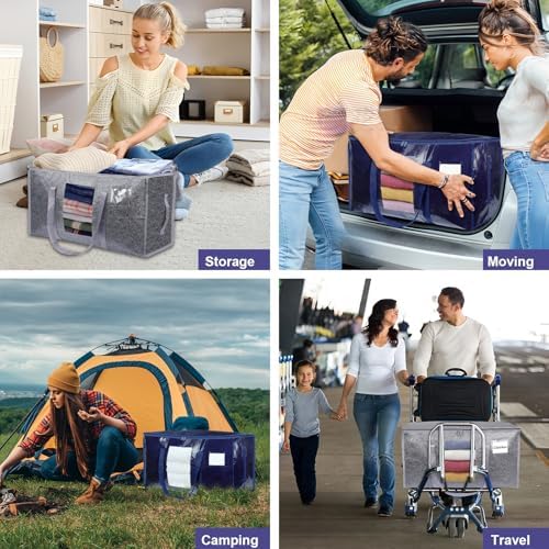 8 Pack Extra Large Moving Bags Heavy Duty 180GSM,130LBS 100L Totes with Visible Window, Zippers & Wrap-Around Handles, Waterproof Reusable, Alt to Moving Boxes, Navy blue - Image 7