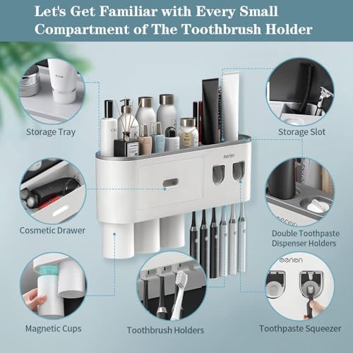 Toothbrush Holders Wall Mounted, Toothbrush Holder with Automatic Toothpaste Dispensers, 6 Brush Slots, 3 Magnetic Cups,1 Cosmetic Drawer Organizer and 1 Large Storage Tray - Image 5