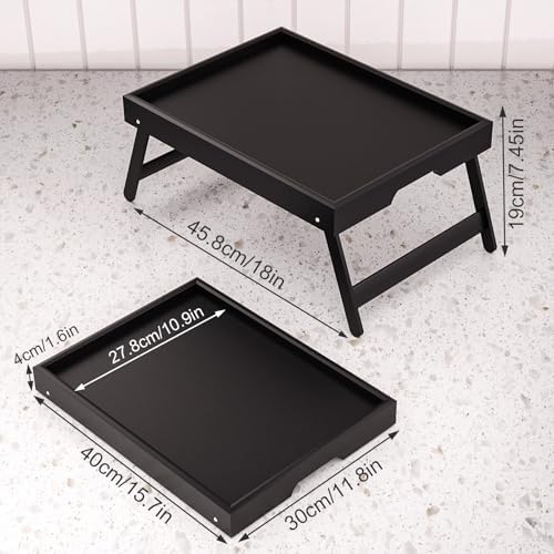 Fibogollo 4 Pack Bamboo Bed Tray Table with Folding Legs,Breakfast Trays,Serving Tray,Laptop Trays for Working,Food Snack Tray for Bed and Sofa(Black) - Image 2