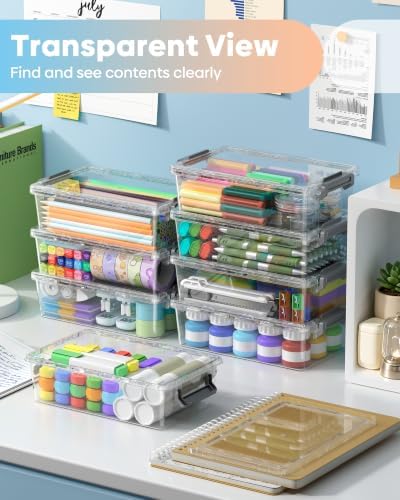 BiuLeon 8 Pack Large Pencil Box Set, Plastic Clear Pencil Case Marker Organizer, Crayon Box Craft Organizers, Stackable Storage Containers with Lid for Pen, Art and Craft Supplies(Grey) - Image 4