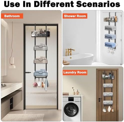 Over The Door Towel Racks, No Drill Towel Storage with Basket & Hooks, Space-Saving Multi-Functional Towel Holder for Bathrooms, bedrooms, Apartments, RVs (Matte Black, 5 Tier) - Image 6